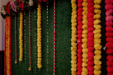 Colorful Festival Background, Indian wedding decor, yellow flower garland decoration