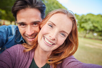 Forest, selfie and happy couple hug in nature with love, fun and bonding on travel, date or...
