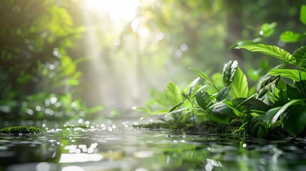 Serenity in Nature: Stream Flowing Through Mossy Forest Photography