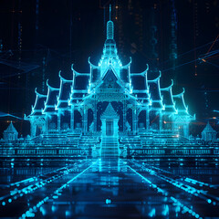 Glowing Thai Temple Hologram with Futuristic Digital Wireframe and Quantum Computing Aesthetics