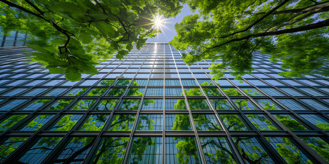 Modern Eco-friendly building. Sustainable glass office building with tree for reducing carbon dioxide.