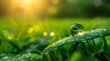 A water droplet on the edge of a green leaf, with a blurred background of lush grass and sunlight filtering through leaves.
