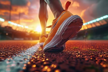 Running shoe of athletic runner training in stadium at sunset, 