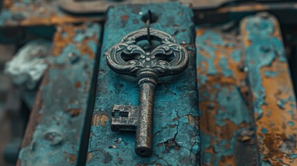 A close-up of a vintage key in a rustic setting, suggesting nostalgia and history.