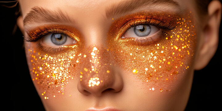 Gesicht einer sch&ouml;nen Frau mit edlen goldenen glitzer Strass Steinen in Nahaufnahme f&uuml;r Kalender und Poster