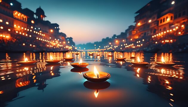 Realistic illustration for ganga dussehra with earthen lamps floating on the water during twilight.