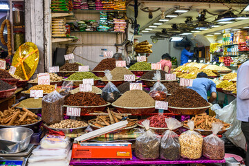 Sacks of food and spices at an Indian spice market, Old Delhi, India