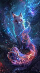 Digital Painting of a kitsune, featuring nine ethereal tails and glowing fox fire, set in a high fantasy scene with vibrant, surreal colors and dreamlike surrealism