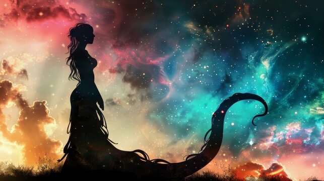 Enchanting silhouette of a legendary lamia, her serpent tail and human torso outlined against an ethereal celestial backdrop, ideal for mythical lore presentations