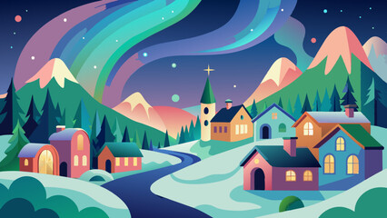 Fototapeta premium Enchanted Winter Village under Starry Night Sky Illustration
