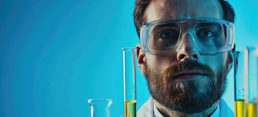 safety goggles, beakers, lab coat, scientist