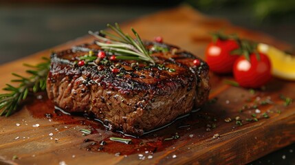 A grilled delicious and juicy beef steak, cooked to perfection, is the star of the show