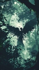 Magical silhouette of a winged humanoid, blending into a fantastical, wild forest scene, illustrating a nature spirit in a creature design project