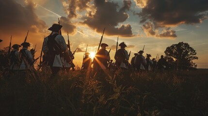 A historical reenactment of the American Revolution with soldiers in period uniforms, dramatic lighting emphasizing their determination and bravery