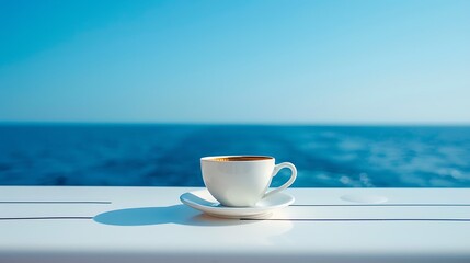 Empty coffee cup on white boat deck against clear blue sky during sunny day - Powered by Adobe