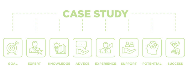 Case study banner web icon vector illustration concept with icon of research, data, conditions, examination, method, in-depth, analyzing, and result