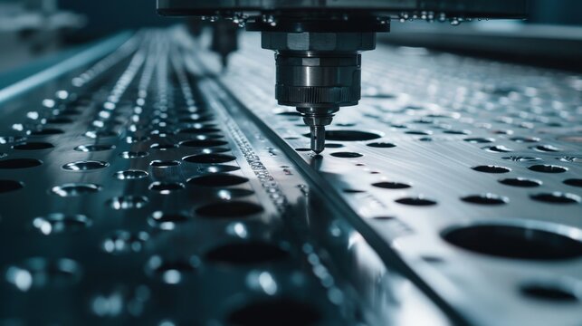 Close-up view of automated punches in action, forming precise patterns on metal sheets, demonstrating high-tech industrial capabilities