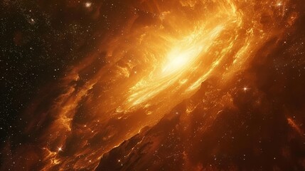 Bright spiral galaxy amidst an orange nebula, stars spread across the boundless space, an extensive starry sky stretching beyond, detailed close-up