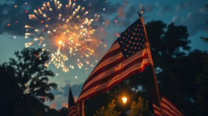 A community gathering for a fireworks display, with American flags prominently displayed and professional lighting capturing the excitement and unity