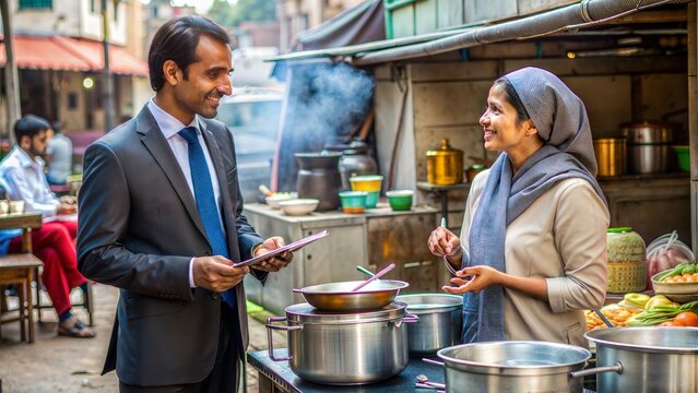 Street Vendor with Microfinance Officer: A street food vendor having a discussion with a microfinance officer, surrounded by her cooking equipment, focusing on business expansion plans.

