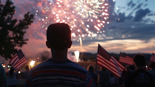 A community gathering for a fireworks display, with American flags prominently displayed and professional lighting capturing the excitement and unity