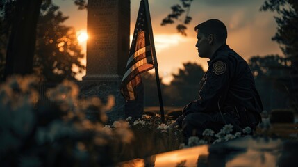 A solemn moment of reflection with a veteran standing before a memorial, holding an American flag, highlighted by respectful, subdued lighting