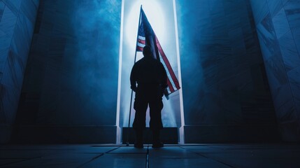 A solemn moment of reflection with a veteran standing before a memorial, holding an American flag, highlighted by respectful, subdued lighting