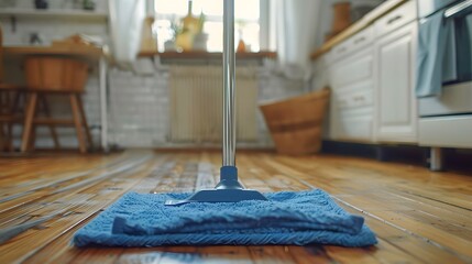 Close up of a blue dust mop on a wooden floor in a modern kitchen, cleaning and home DVD screengrab.
