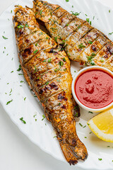 grilled fish on the white plate