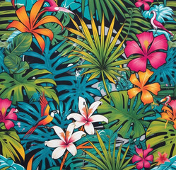 background of exotic tropical plants, bright flowers in graffiti style 