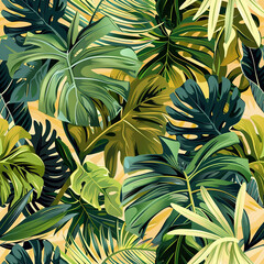 The image is a pattern of green leaves of various sizes on a light yellow background.

