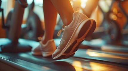 Close up of feet in running shoes on spinning bike at gym, cinematic lighting.
