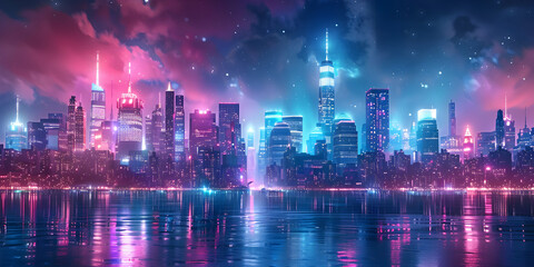 a cityscape with neon lights and skyscrapers in the foreground, and a pink and blue sky in the background, with stars in the middle of the foreground.