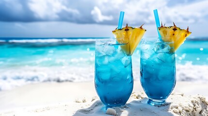 two Blue Curacao cocktails with slice of pineapple on white beach