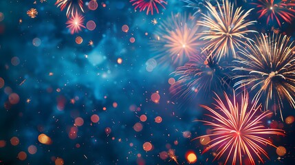 Festive colorful fireworks display on dark blue background with copy space for text, New Year celebration concept.
