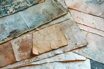 Distressed collage of torn, aged paper pieces. Grunge texture background