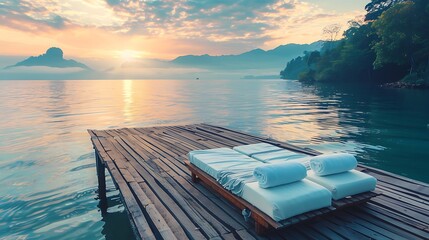 Two empty sinbeds on wooden pier at beautiful calm morning