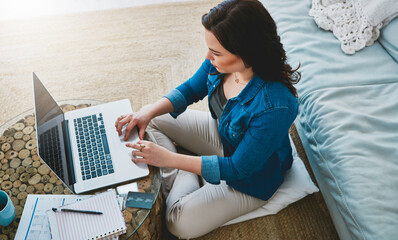 Woman, laptop and above or working in home, freelancer and checking email for job in living room on...