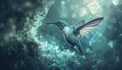 A captivating digital artwork of a hummingbird in flight, surrounded by geometric shapes and a mystical teal background.