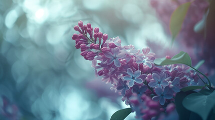 copy space, close up nature shot, high quality photo, lilac tree flower. Close-up photo of beautiful purple flowers, announcing the beginning of spring. Floral background with space for text.