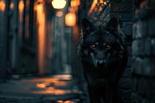 A wolf with glowing eyes prowling a dark, narrow alley at night, illuminated by dim street lamps, creating a mysterious and eerie atmosphere.
