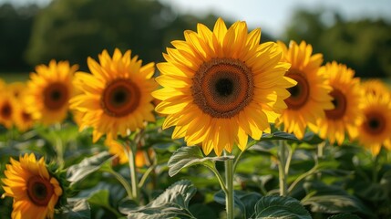 Obraz premium Bright sunflowers in a field on a sunny day, showcasing vibrant yellow petals and green leaves against a blurred natural background.