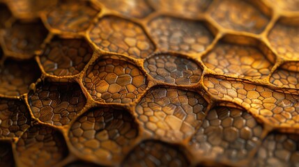 Close-up image of a beautiful honeycomb structure, showcasing the intricate hexagonal patterns and golden hues in natural light.