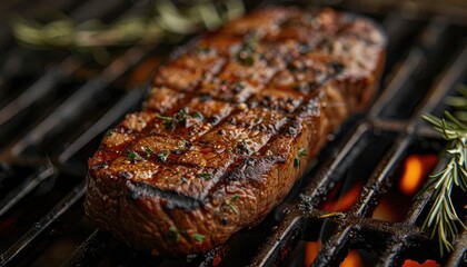 Close-up of a perfectly grilled steak with grill marks, garnished with herbs, sizzling and juicy, ready to be served.