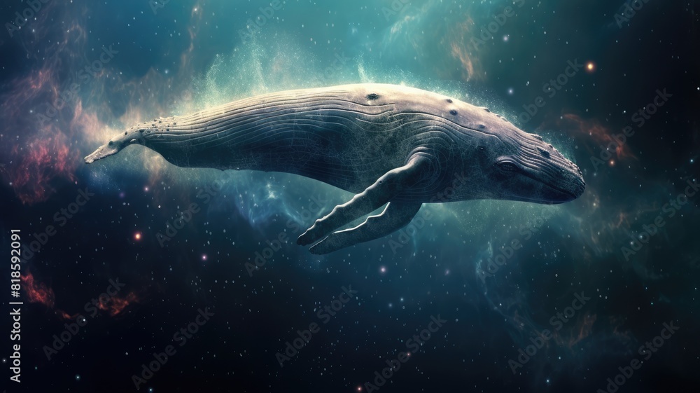 Aufkleber surreal art design of a whale floating in space with a cosmic background and starry sky. digital art