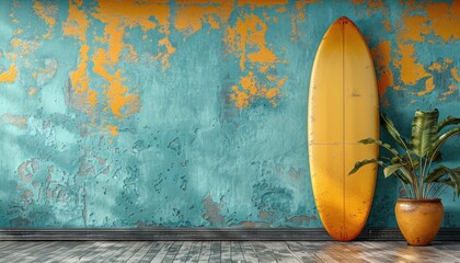 Colorful surfboard leaning against a vibrant wall with a potted plant on a wooden floor. Coastal decor, summer vibes.