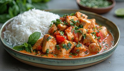 Delicious chicken curry with fresh herbs and white rice on a ceramic plate, ready to eat. Perfect meal for food lovers. Beautifully plated.