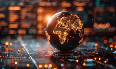 Fototapeta premium Glowing digital globe representing global connectivity and technology, surrounded by futuristic circuit boards with bokeh lights in background.