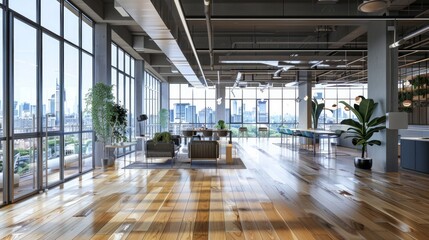A bright, modern coworking space featuring wooden floors, stylish furniture, and large windows with a cityscape view.

