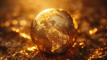 Golden globe with detailed map of the Americas, symbolizing wealth and global connection,...